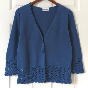 Blair 90's Vintage Dainty Crochet Knit Hem V-neck Cardigan Sweater Blue Small